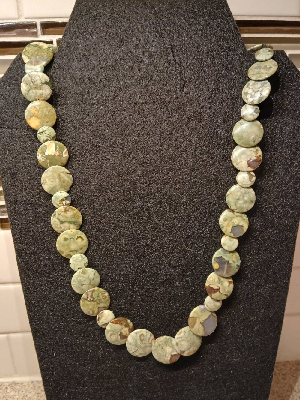 Vintage Rainforest Jasper Disk Necklace - 30 inches - Picture 3 of 7